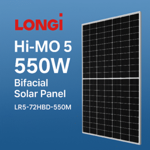 LONGi Hi-MO 5 550W bifacial solar panel with high-efficiency N-type cells and dual-glass durability.